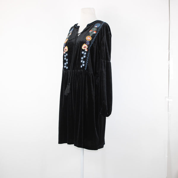 L Love Sz S Black Multi Color Embroidered Tasseled Velvet Poly Spandex Dress
