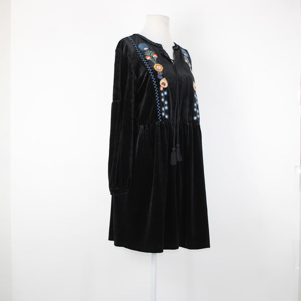 L Love Sz S Black Multi Color Embroidered Tasseled Velvet Poly Spandex Dress