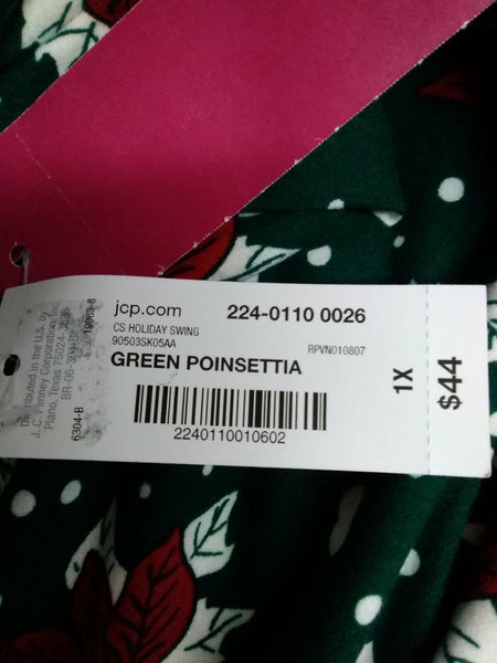 City Streets NEW $44 Sz 1XL Green Red Multi Poinettias Poly Spandex Knit Dress