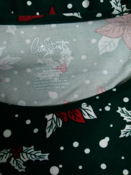 City Streets NEW $44 Sz 1XL Green Red Multi Poinettias Poly Spandex Knit Dress