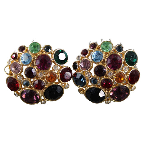 Bill Blass Multi Color Stones Goldtone Cluster Round 1.5" Clip On AS IS Earrings