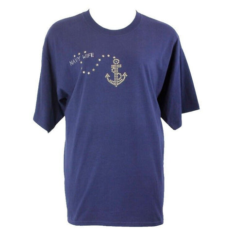 Christine Alexander Sz XXL Navy Gold Rhinestone Navy Wife 100% Cotton Top