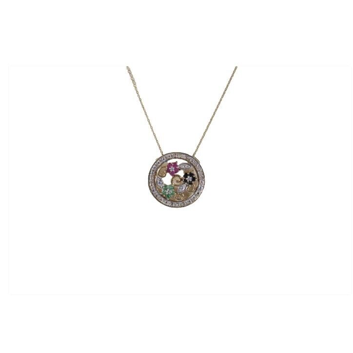 FAS 18in Sterling Silver Chain Blue Red Green Flower Stone Pendant Necklace