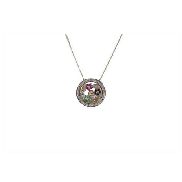 FAS 18in Sterling Silver Chain Blue Red Green Flower Stone Pendant Necklace