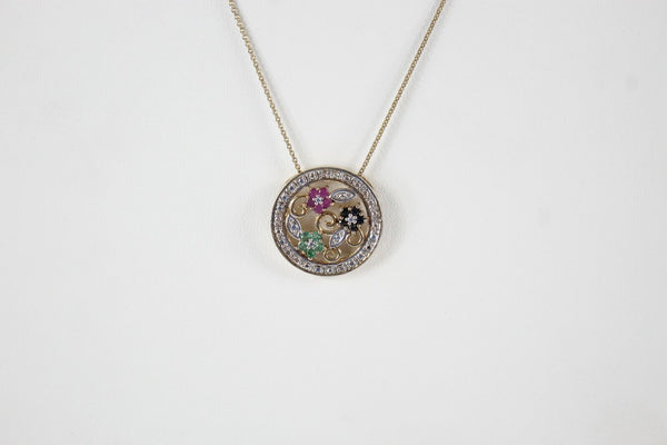 FAS 18in Sterling Silver Chain Blue Red Green Flower Stone Pendant Necklace