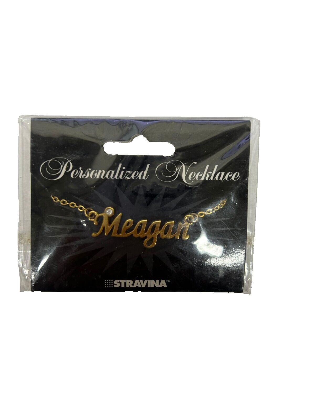 MEAGAN Name Goldtone Rhinestone 14.5" w 4.5" Multi Ring Ext Necklace