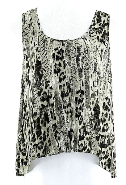 Mine NEW Sz L Sage Green Black Gold Sheer Hi Low Buttoned 100% Poly Top