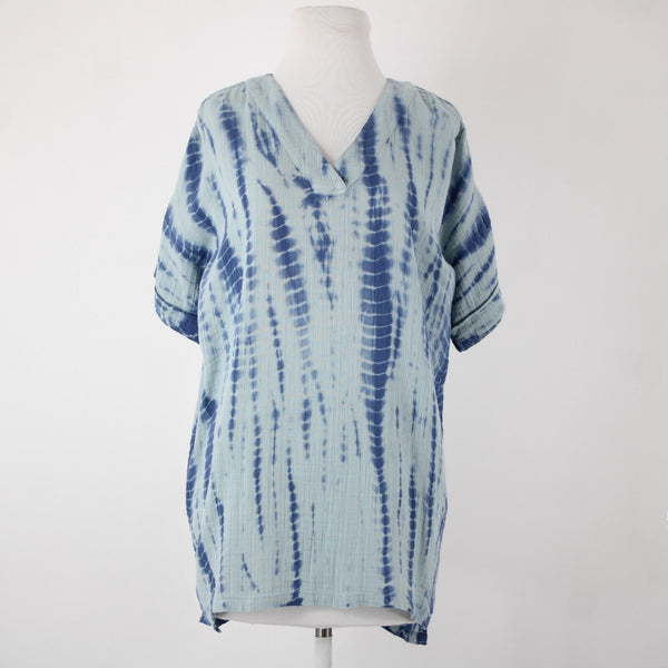 Pure Jill NEW $99 Sz XS Oversized Aqua Blue V Neck Short Sleeve 100% Cotton Top