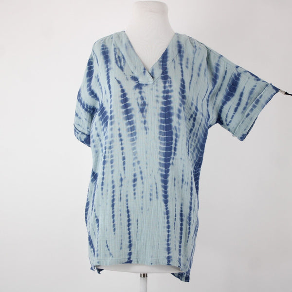 Pure Jill NEW $99 Sz XS Oversized Aqua Blue V Neck Short Sleeve 100% Cotton Top