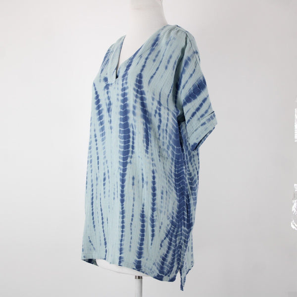 Pure Jill NEW $99 Sz XS Oversized Aqua Blue V Neck Short Sleeve 100% Cotton Top