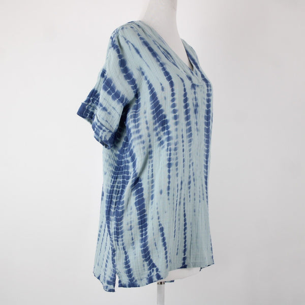 Pure Jill NEW $99 Sz XS Oversized Aqua Blue V Neck Short Sleeve 100% Cotton Top