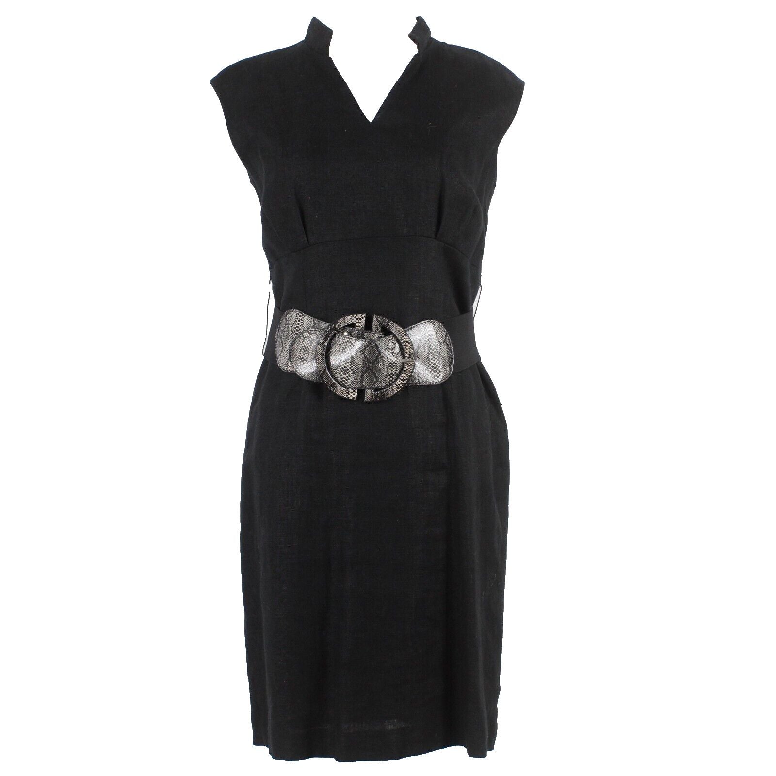 Adrienne Vitttadini Sz 6 Black with Stretch Snake Belt Lined Linen Acetate Dress