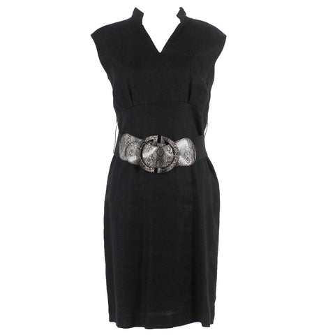Adrienne Vitttadini Sz 6 Black with Stretch Snake Belt Lined Linen Acetate Dress