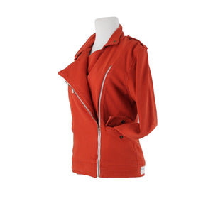 Made For Them Sz XS Reddish Orange Denim Zipper Lined Collared Tight Knit Jacket