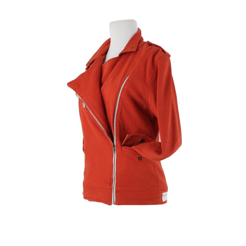 Made For Them Sz XS Reddish Orange Denim Zipper Lined Collared Tight Knit Jacket