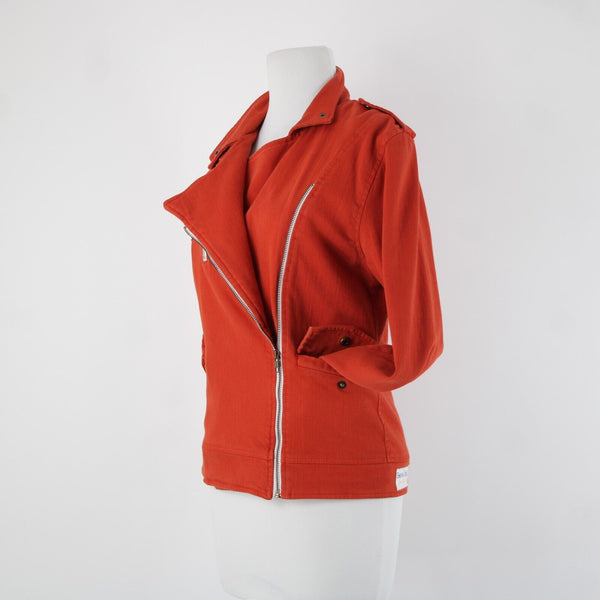 Made For Them Sz XS Reddish Orange Denim Zipper Lined Collared Tight Knit Jacket
