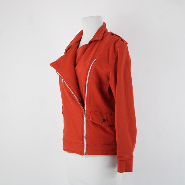 Made For Them Sz XS Reddish Orange Denim Zipper Lined Collared Tight Knit Jacket