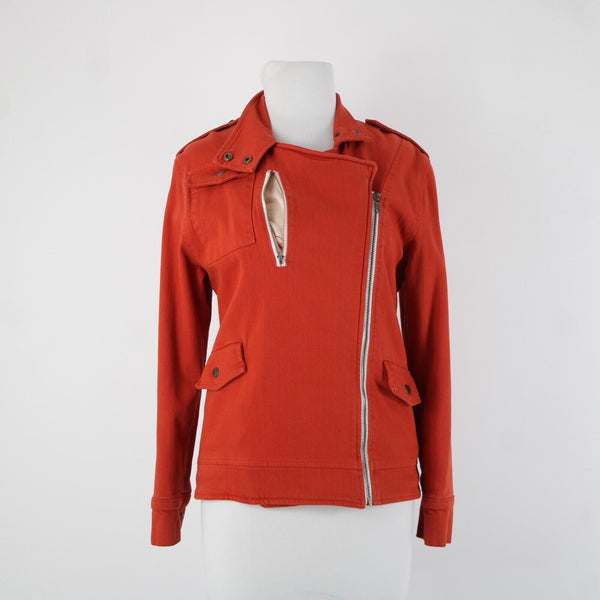 Made For Them Sz XS Reddish Orange Denim Zipper Lined Collared Tight Knit Jacket