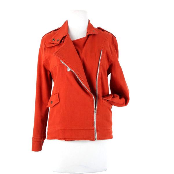 Made For Them Sz XS Reddish Orange Denim Zipper Lined Collared Tight Knit Jacket