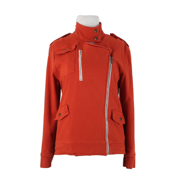 Made For Them Sz XS Reddish Orange Denim Zipper Lined Collared Tight Knit Jacket