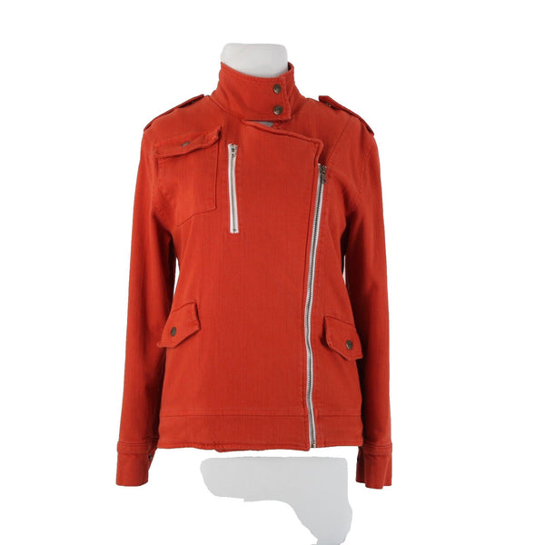 Made For Them Sz XS Reddish Orange Denim Zipper Lined Collared Tight Knit Jacket