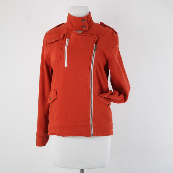 Made For Them Sz XS Reddish Orange Denim Zipper Lined Collared Tight Knit Jacket