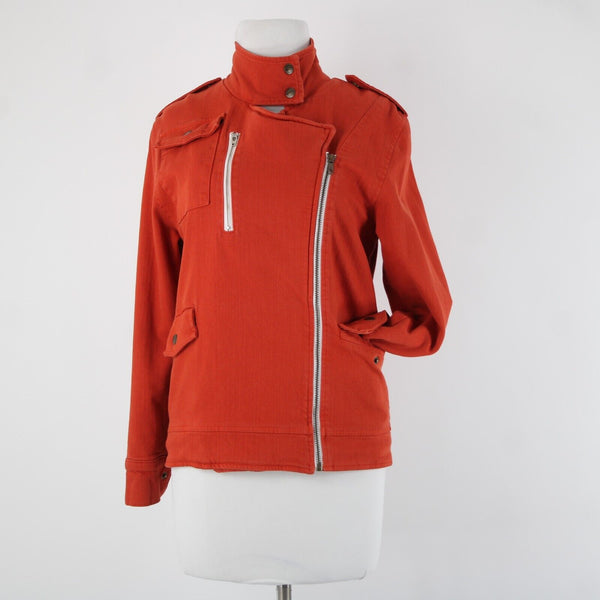 Made For Them Sz XS Reddish Orange Denim Zipper Lined Collared Tight Knit Jacket