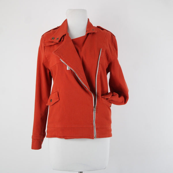 Made For Them Sz XS Reddish Orange Denim Zipper Lined Collared Tight Knit Jacket