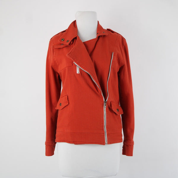Made For Them Sz XS Reddish Orange Denim Zipper Lined Collared Tight Knit Jacket
