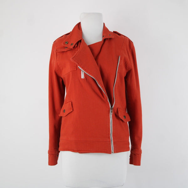 Made For Them Sz XS Reddish Orange Denim Zipper Lined Collared Tight Knit Jacket