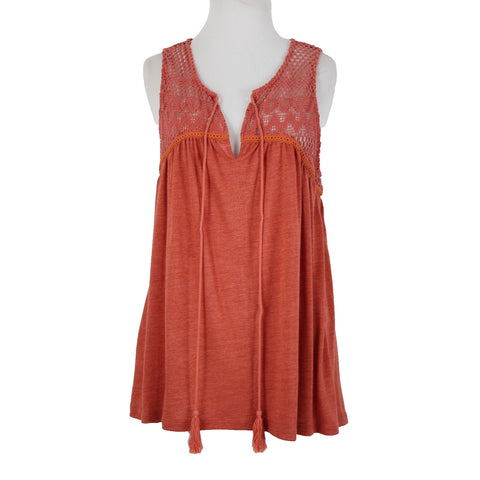 Miss Me NEW $54 Sz L Coral Orange Tie Back V Neck Tassel Viscose Poly Cotton Top