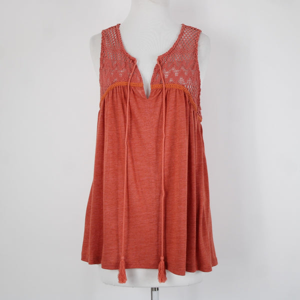 Miss Me NEW $54 Sz L Coral Orange Tie Back V Neck Tassel Viscose Poly Cotton Top