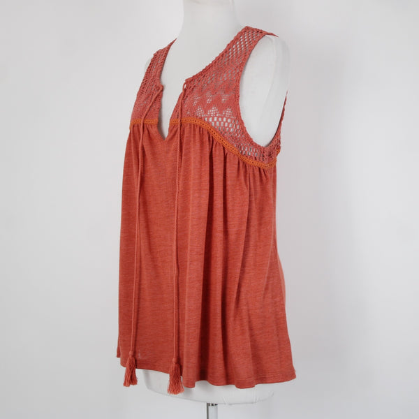 Miss Me NEW $54 Sz L Coral Orange Tie Back V Neck Tassel Viscose Poly Cotton Top