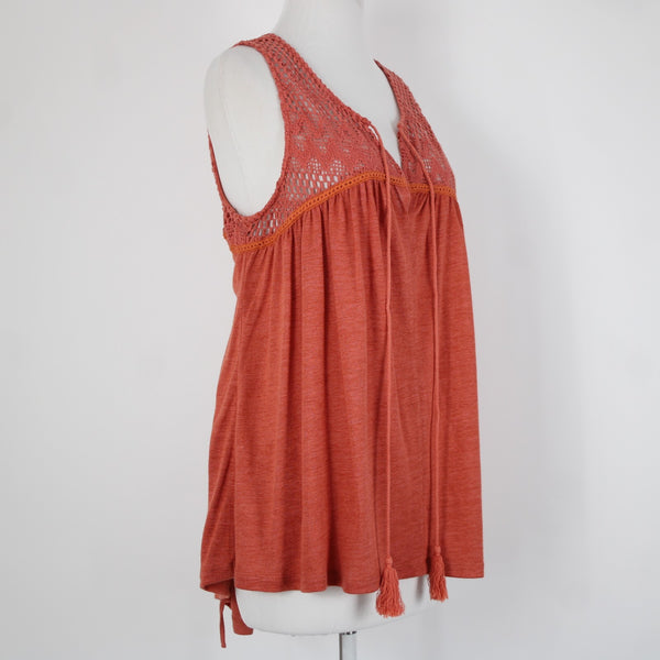 Miss Me NEW $54 Sz L Coral Orange Tie Back V Neck Tassel Viscose Poly Cotton Top