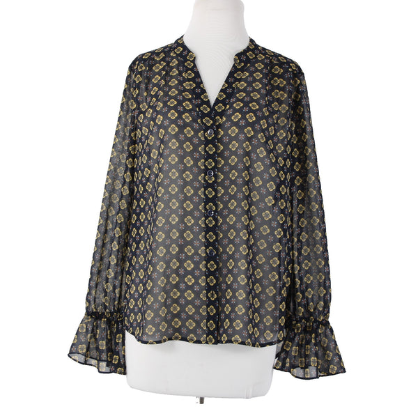 Cabi Sz S Navy Blue Yellow Multi Color Sheer V Neck Bell Sleeve 100% Poly Top