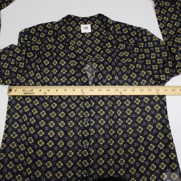 Cabi Sz S Navy Blue Yellow Multi Color Sheer V Neck Bell Sleeve 100% Poly Top