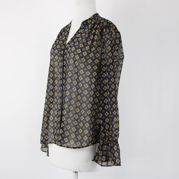 Cabi Sz S Navy Blue Yellow Multi Color Sheer V Neck Bell Sleeve 100% Poly Top