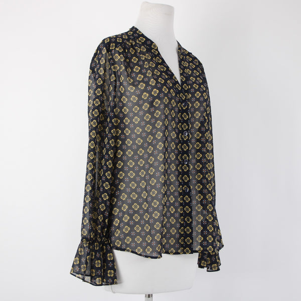 Cabi Sz S Navy Blue Yellow Multi Color Sheer V Neck Bell Sleeve 100% Poly Top