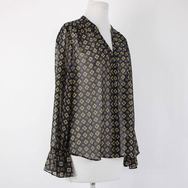 Cabi Sz S Navy Blue Yellow Multi Color Sheer V Neck Bell Sleeve 100% Poly Top