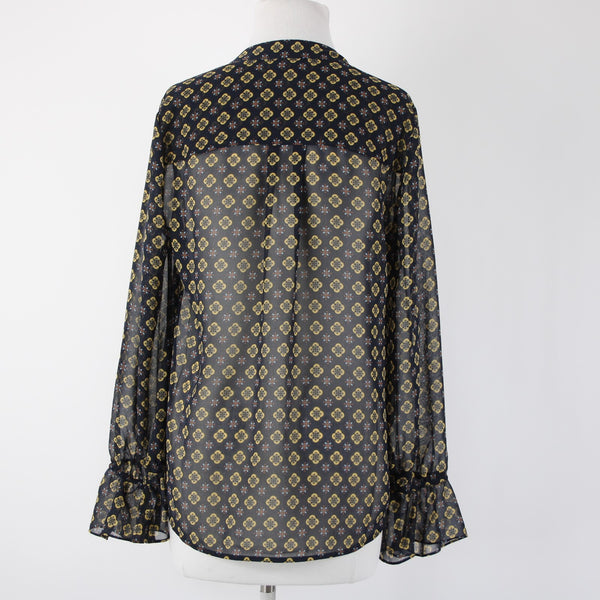 Cabi Sz S Navy Blue Yellow Multi Color Sheer V Neck Bell Sleeve 100% Poly Top