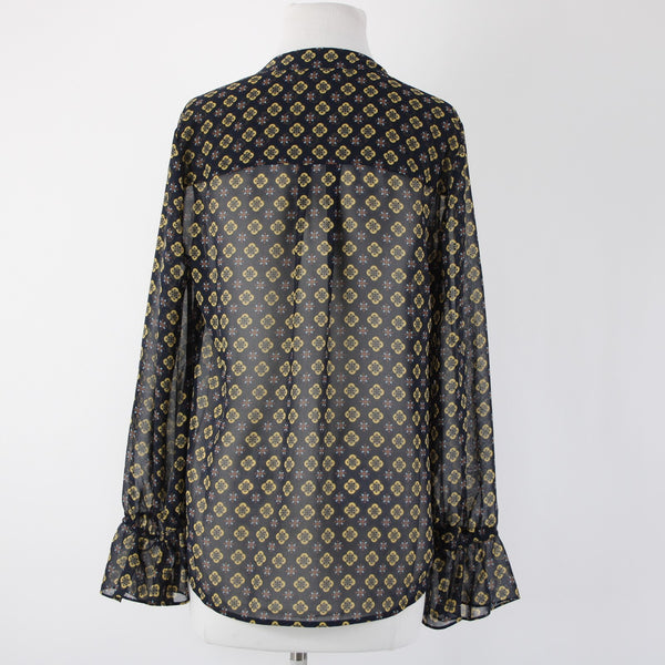Cabi Sz S Navy Blue Yellow Multi Color Sheer V Neck Bell Sleeve 100% Poly Top