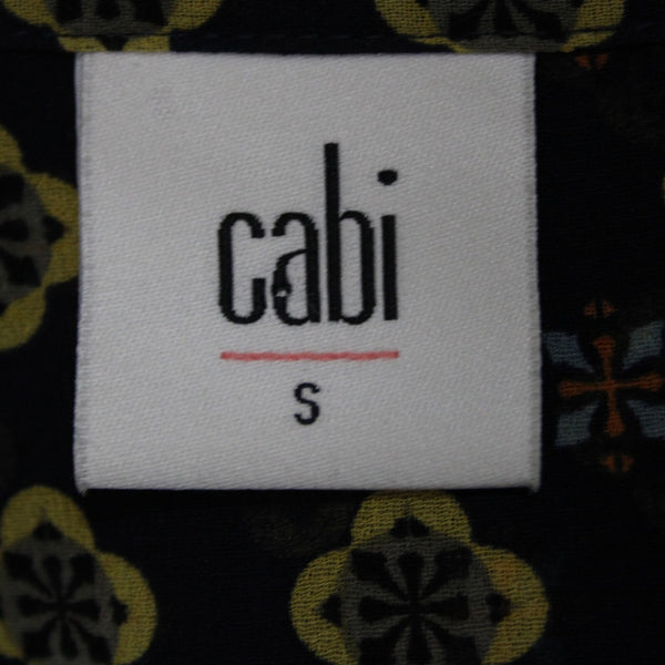 Cabi Sz S Navy Blue Yellow Multi Color Sheer V Neck Bell Sleeve 100% Poly Top