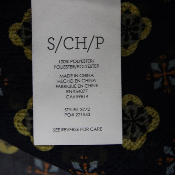 Cabi Sz S Navy Blue Yellow Multi Color Sheer V Neck Bell Sleeve 100% Poly Top