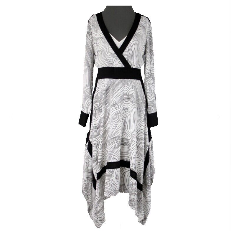 BCBG Maxazria NEW $348 Sz S Midnight Light Wave Black White Aysm Polyester Dress