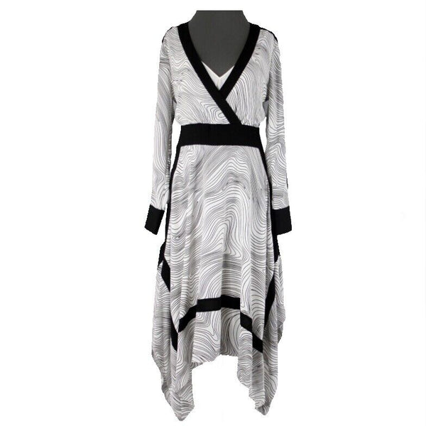 BCBG Maxazria NEW $348 Sz S Midnight Light Wave Black White Aysm Polyester Dress