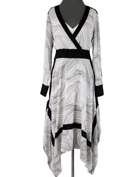 BCBG Maxazria NEW $348 Sz S Midnight Light Wave Black White Aysm Polyester Dress
