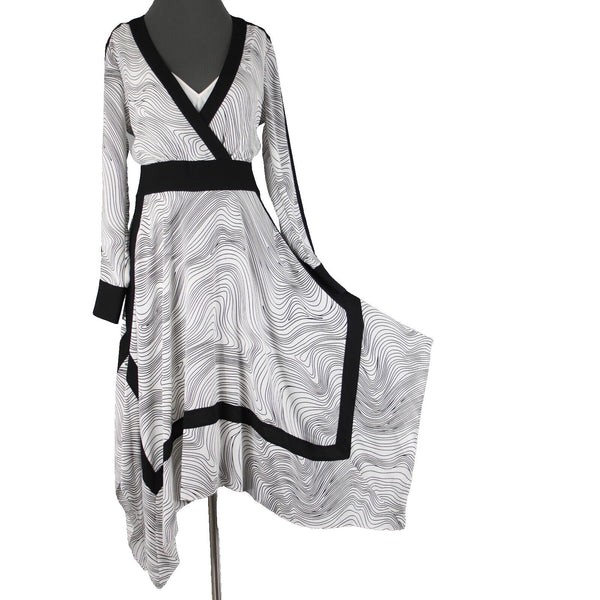 BCBG Maxazria NEW $348 Sz S Midnight Light Wave Black White Aysm Polyester Dress