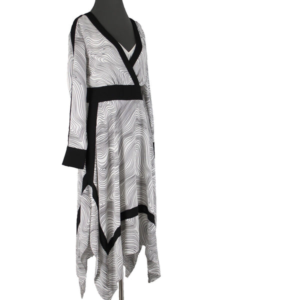 BCBG Maxazria NEW $348 Sz S Midnight Light Wave Black White Aysm Polyester Dress