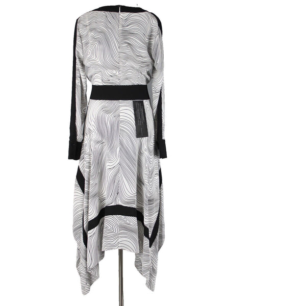 BCBG Maxazria NEW $348 Sz S Midnight Light Wave Black White Aysm Polyester Dress