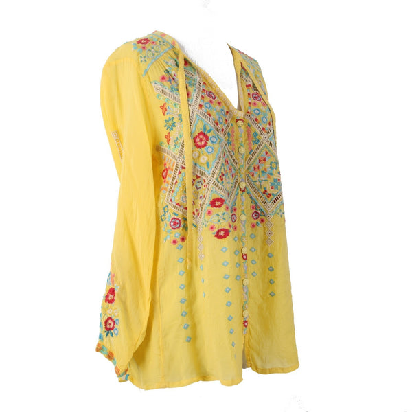 Johnny Was Top NEW $275 Sz S Yellow Red Multi Colored Embroidered 100% Poly Top
